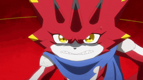 a red and white cartoon character with yellow eyes