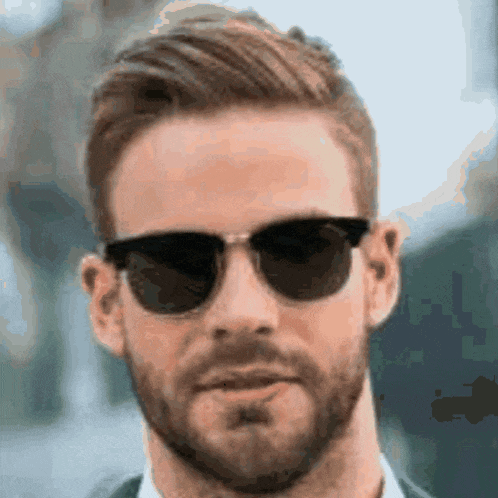 a man with a beard is wearing sunglasses and a suit .