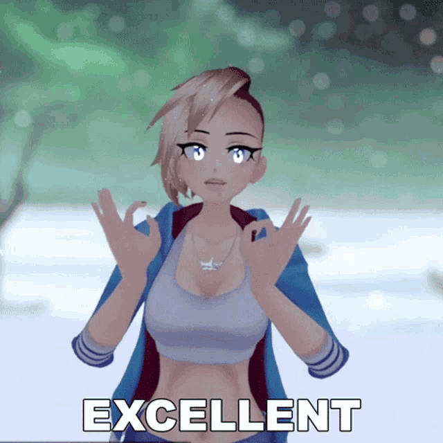 a 3d anime girl giving the thumbs up and the words excellent below her