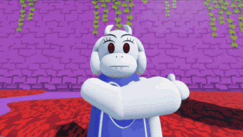 a cartoon character is standing in front of a purple and red background