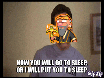 a man with a sword in front of his face says " now you will go to sleep "