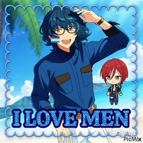 a picture of a boy on a beach with the words i love men above him