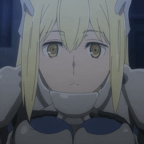 a close up of a blonde anime character with a white armor