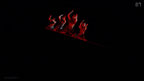 a group of people are dancing on a red floor with a s on the bottom