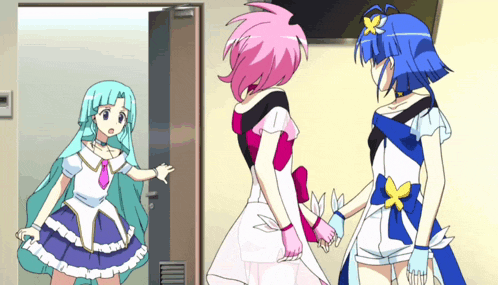 a group of anime girls are standing in a room