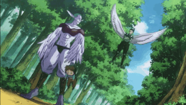 a woman with wings is standing in a forest