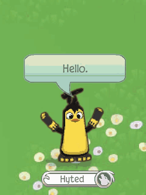 a cartoon character says hello in a speech bubble while standing in the grass