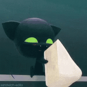 a cartoon cat with green eyes is holding a piece of cheese in its mouth .