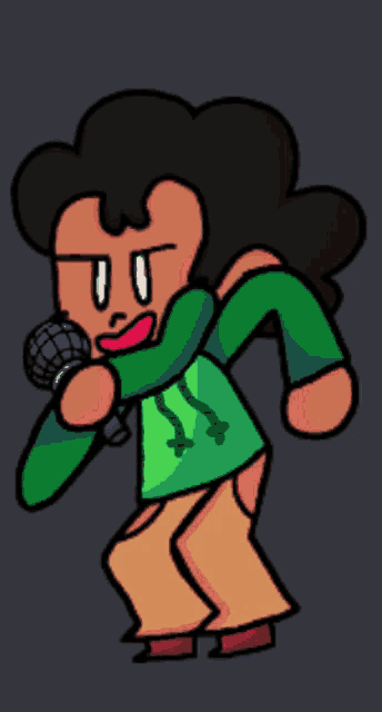 a cartoon character is holding a microphone and dancing
