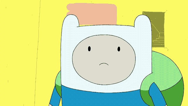 a cartoon character with a sad face and a pink hand on his head