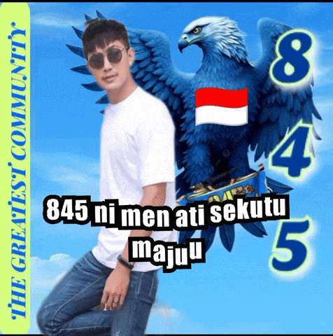 a man is kneeling in front of a blue eagle with the words 845 ni men ati sekunu majuu