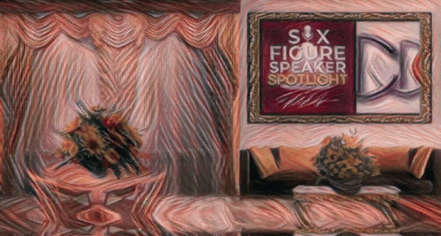 a painting of a living room with a sign that says six figure speaker spotlight on it