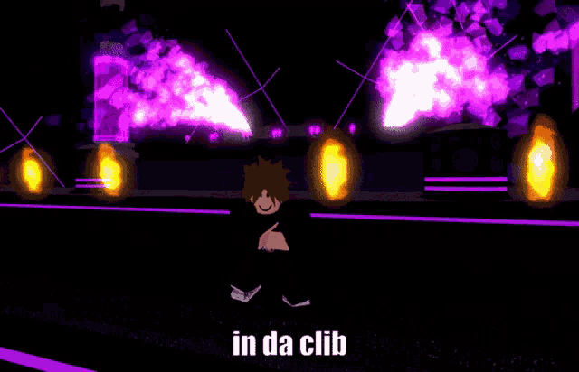 a cartoon character is standing in a dark room with purple flames and the words in da club above him