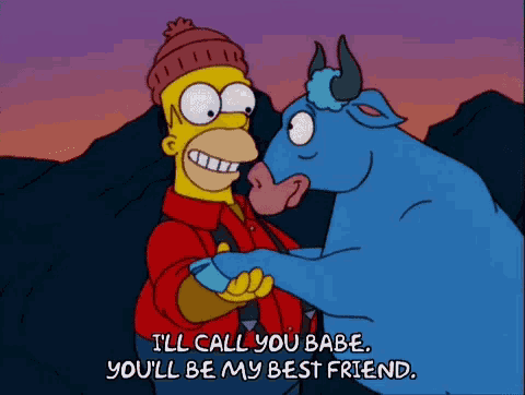 a cartoon of homer simpson and a blue cow with the words i 'll call you babe