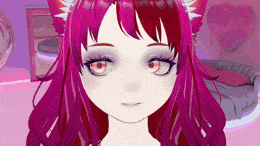a close up of a girl 's face with red hair and white ears