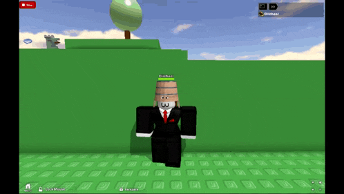 a screenshot of a roblox game shows a character with a barrel on his head