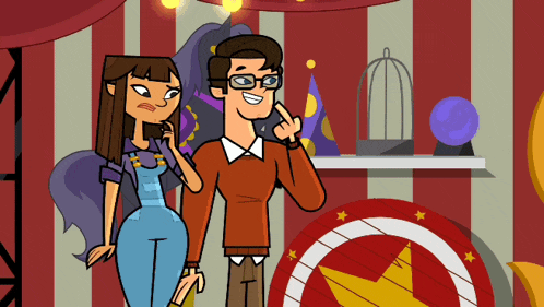 a man and a woman are standing next to each other in a cartoon