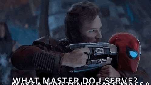a man holding a gun next to a spider man with the words what master do i serve written below him