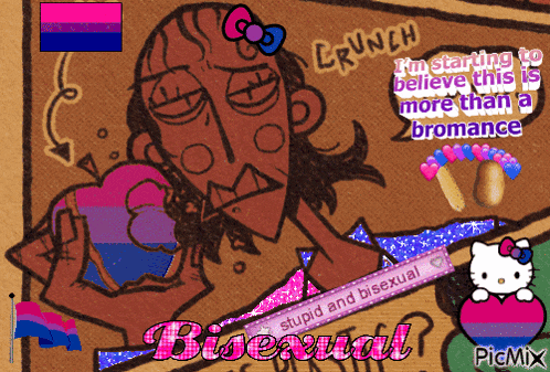 a drawing of a man with a hello kitty on his head and the words bisexual on the bottom