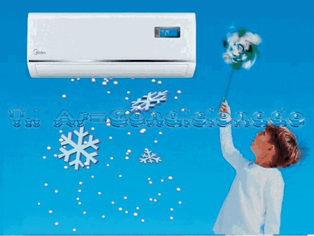 a child is holding a fan in front of an air conditioner that says midea on it