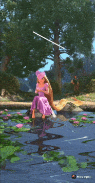 a cartoon of rapunzel sitting on a rock in a pond with hearts and bows around her