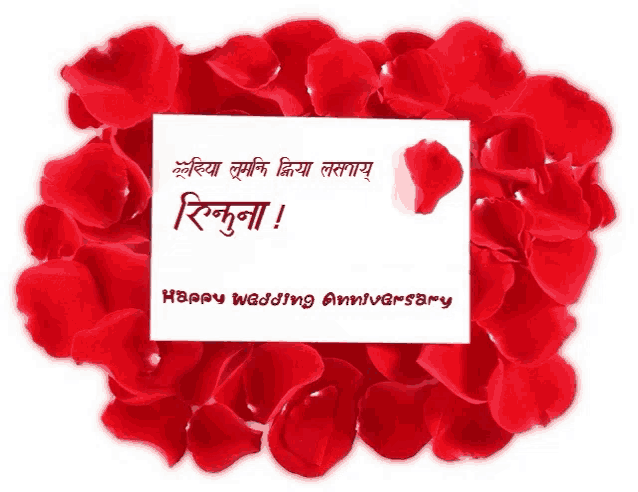 a card that says happy wedding anniversary surrounded by red rose petals