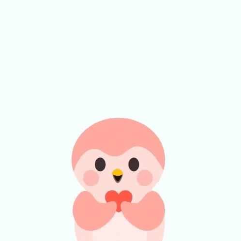 a pink penguin is holding a large red heart on its head