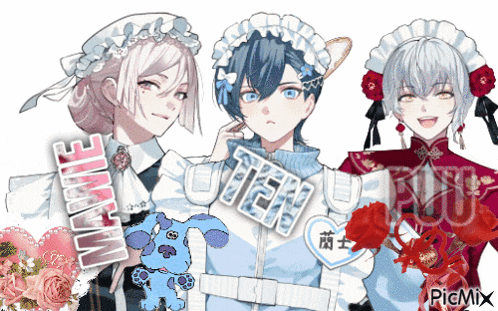 a group of anime characters are standing next to each other and one of them has a blue dog on his chest that says blue dog