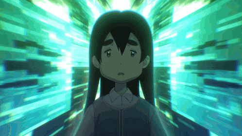 a cartoon girl is standing in front of a glowing green background
