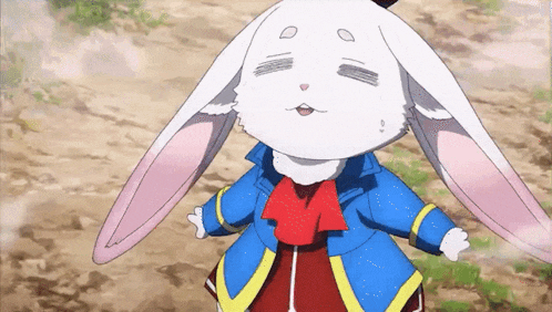 a white rabbit with long ears is wearing a blue jacket and red bow tie