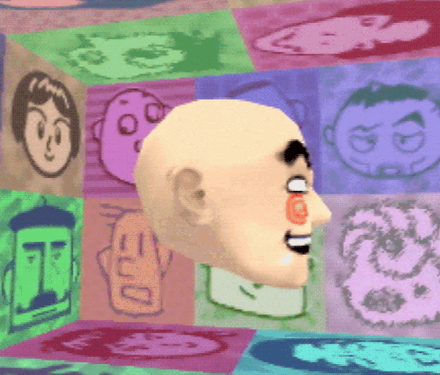 a bald head is surrounded by colorful drawings of faces including one that says i 'm sorry