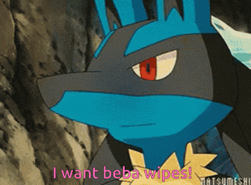 a picture of a pokemon with the words i want beba wipes on it