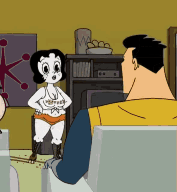 a cartoon of betty boop and superman talking