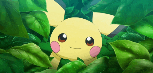 a yellow pokemon with pink cheeks is peeking out from behind a bunch of green leaves
