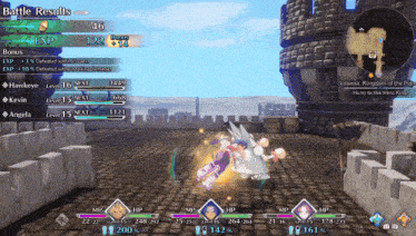 a screenshot of a video game shows the battle results for hawkeye kevin and angela