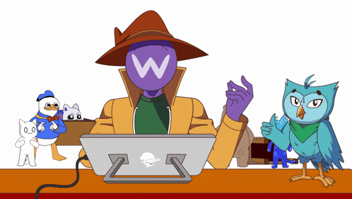 a cartoon of a man sitting at a desk with a laptop and a purple head with the letter w on it