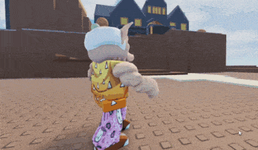 a cartoon character standing in front of a large building