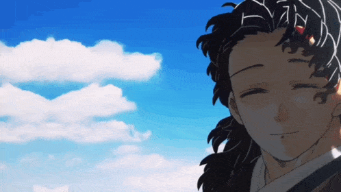 a drawing of a man with a blue sky and clouds in the background
