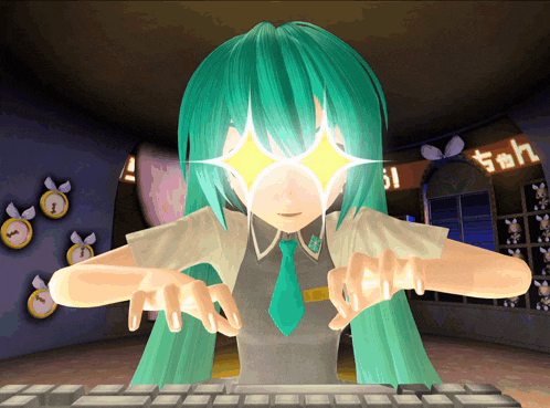 a girl with green hair is typing on a keyboard with clocks on the wall