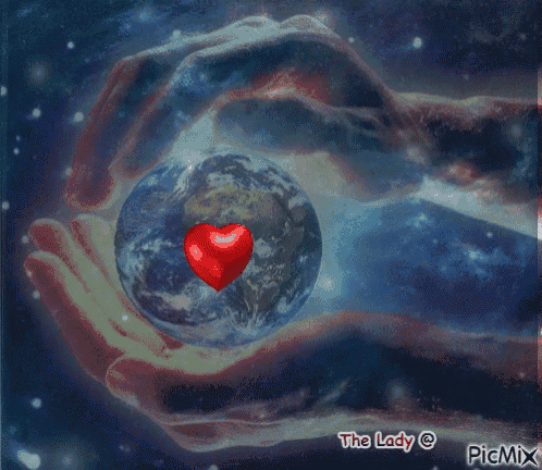 a picture of two hands holding a globe with a red heart in it