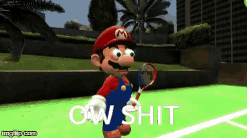 a cartoon of mario holding a tennis racquet with the words ow shit above him