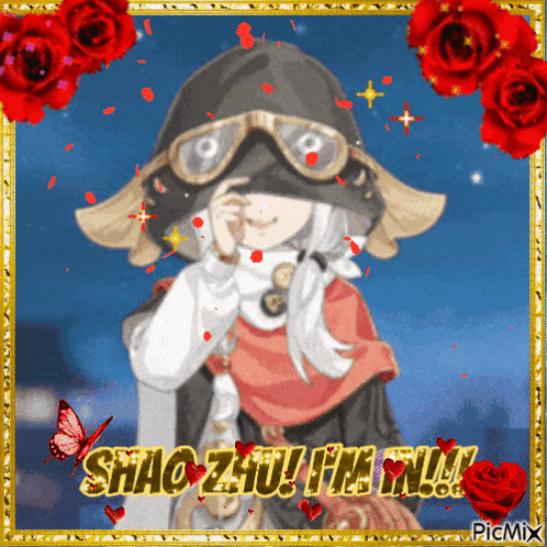 a picture of a girl with the words shao zhu i 'm in