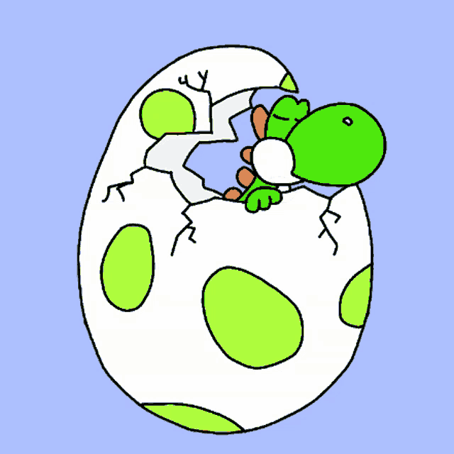 a cartoon of a green dinosaur coming out of a broken egg