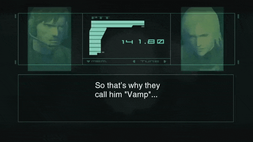 a video game screen shows a man and a woman talking about vampires