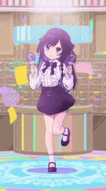 a girl in a purple skirt and white shirt is holding a pair of maracas