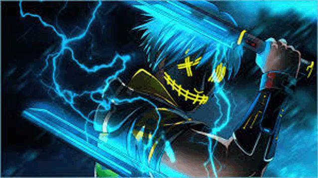 a person is holding a sword with a neon face on it .