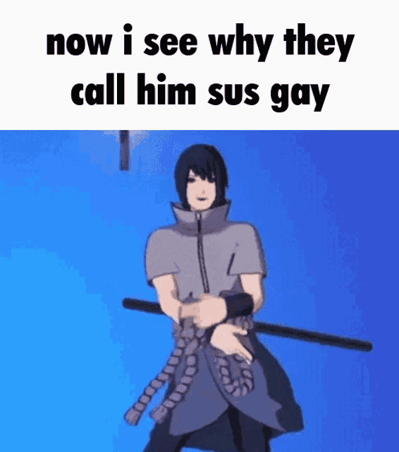 a cartoon character is holding a stick and says `` now i see why they call him sus gay '' .