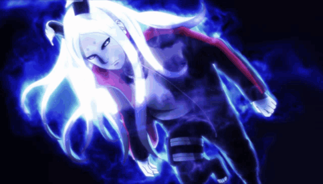 a cartoon character with long white hair is surrounded by blue smoke