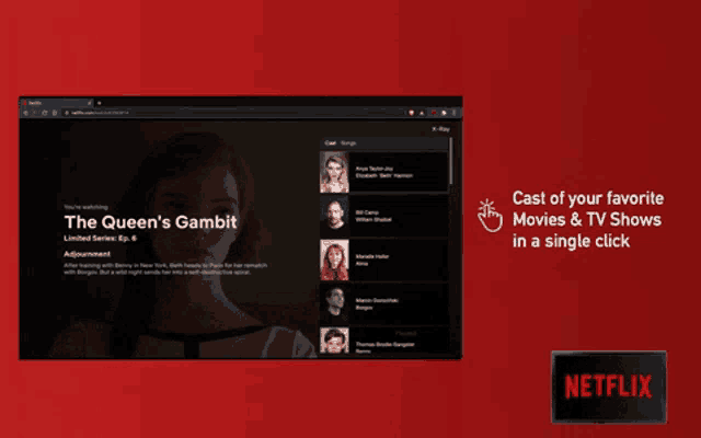 a netflix box sits on a red background next to a screen showing cast of the queen 's gambit