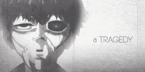 a black and white drawing of a man with red eyes and the words a tragedy